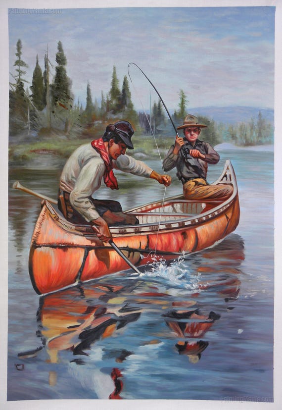 Two Fishermen in a Birch Canoe Philip Goodwin Hand-painted Oil