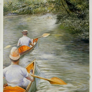 Les Périssoires (Les Canots) - Gustave Caillebotte reproduction à la main de peinture à l’huile, deux hommes faisant de la navigation sur la rivière à Yerres, art mural unique