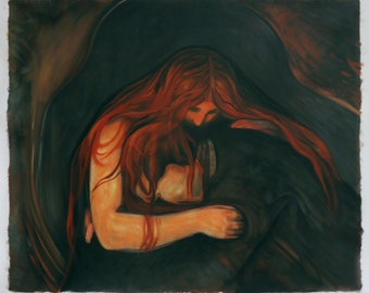 Vampire 1894 - Edvard Munch hand-painted oil painting reproduction,Love and Pain Scene,female kissing male,lovers kiss,couple embrace scene