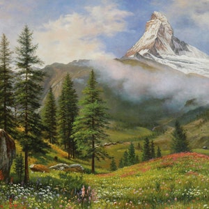 The Matterhorn - Albert Bierstadt hand-painted oil painting reproduction, peak in the meadows, isolated horn-shaped cloud-encircled peak art