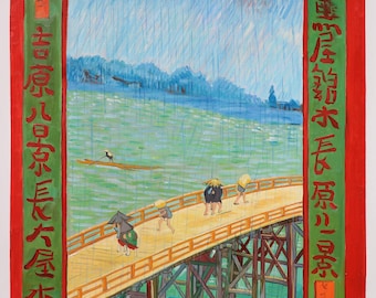 ジャポネズリー：雨の中の橋（広重に倣って） - フィンセント