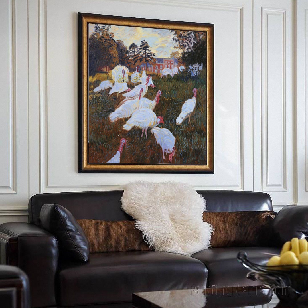 白い七面鳥 - クロード・モネの手描きの油絵のレプリカ、穏やかで緑