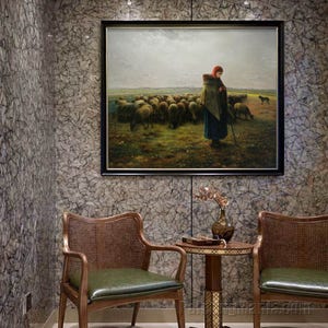 Shepherdess with Her Flock Jean-Francois Millet hand-painted oil painting reproduction,Calm,serenity and harmony triumph,Girl Knitting art image 2