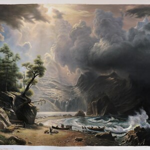 Op de afbeelding: Een schilderij dat een dramatisch zeelandschap afbeeldt met een stormachtige lucht en een rotsachtige kustlijn. De scène toont een groep mensen in boten op het water, met een donkere, dreigende wolk die erboven hangt. Het schilderij is gemaakt in een realistische stijl met aandacht voor detail.