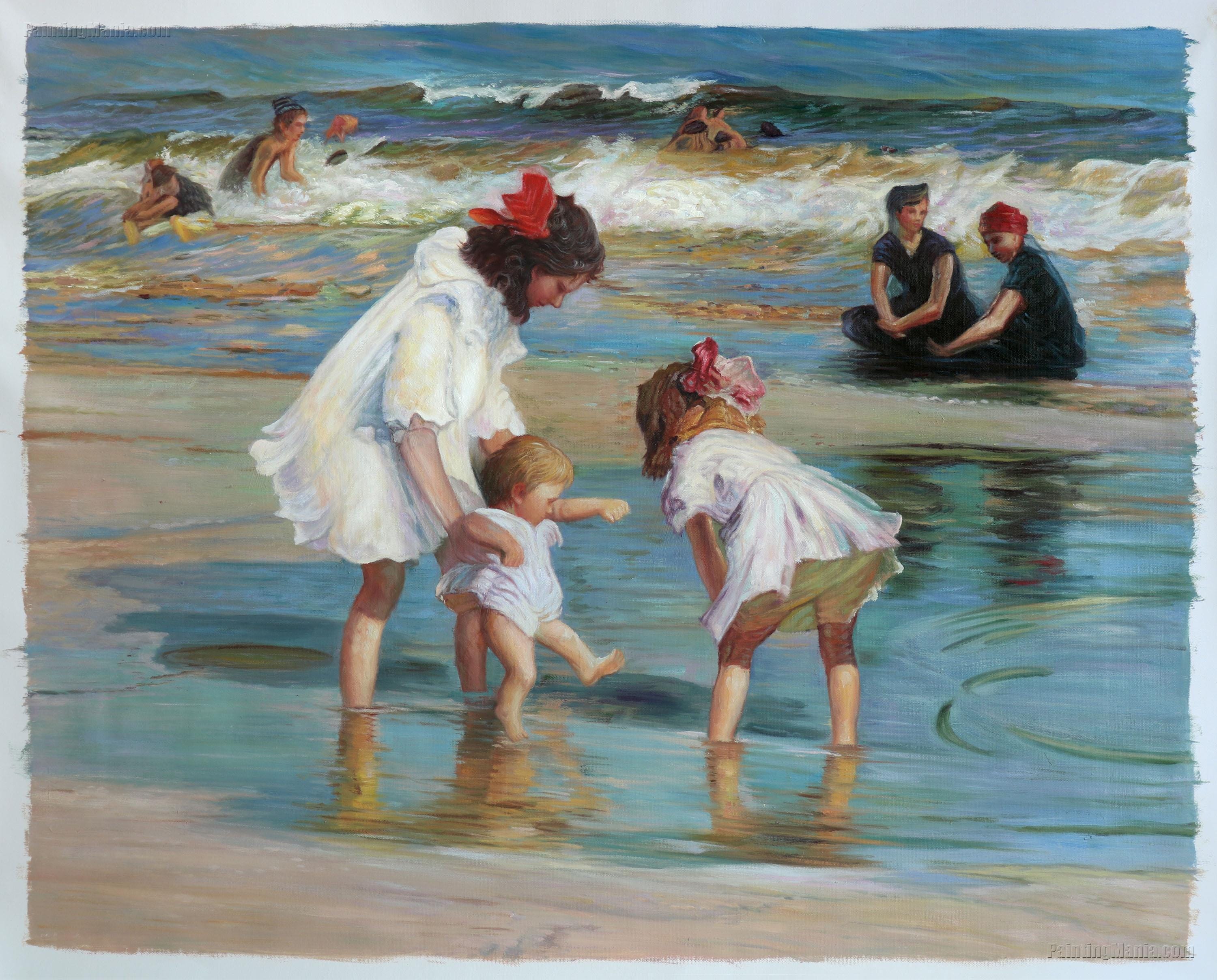 海辺で遊ぶ子供たち - エドワード・ポトハストの手描き油絵の複製