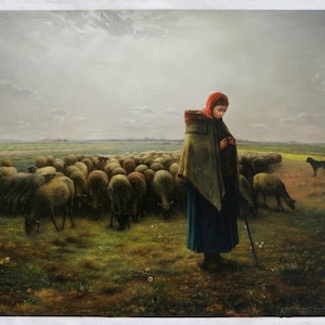 Shepherdess with Her Flock Jean-Francois Millet hand-painted oil painting reproduction,Calm,serenity and harmony triumph,Girl Knitting art image 1