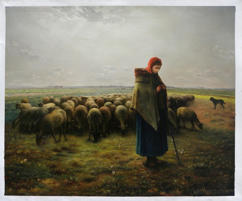 Shepherdess with Her Flock Jean-Francois Millet hand-painted oil painting reproduction,Calm,serenity and harmony triumph,Girl Knitting art image 1