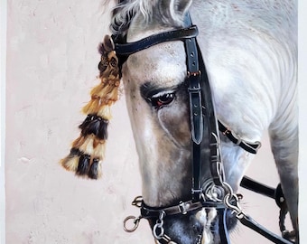 Head of a Horse - High quality hand-painted original oil painting, beautiful white horse, living room wall artwork decor, office decorations