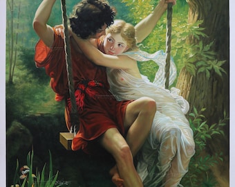 The Swing (Springtime) - Pierre Auguste Cot hand-painted oil painting Reproduction,two young lovers sitting upon a swing,bedroom decorations