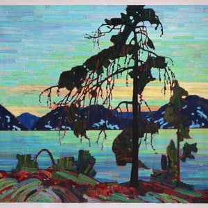 The Jack Pine - Tom Thomson hand-painted oil painting reproduction, northern Ontario sunset landscape, big tree by lake in evening light art
