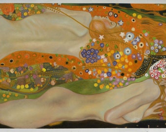 水蛇 II - グスタフ・クリムトの手描き油絵複製、花の髪の裸の 水蛇 II - グスタフ・クリムトの手描き油絵複製、花の髪の裸の