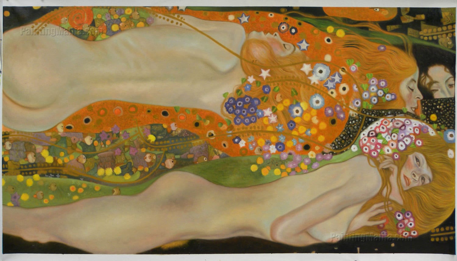 水蛇 II - グスタフ・クリムトの手描き油絵複製、花の髪の裸の少女