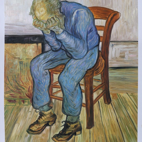 Anciano en el dolor (En el umbral de la eternidad)-Vincent van Gogh pintado a mano reproducción de pintura al óleo, hombre viejo molesto, asiento descorazonado hombre