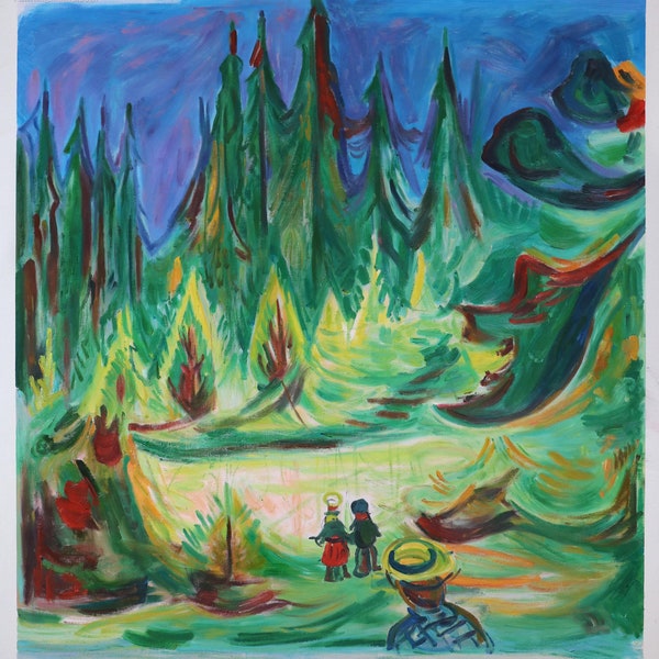 The Fairytale Forest - Edvard Munch hand-painted oil painting replica, young children walk in great dark Nordic forest, Grimm's fairytales