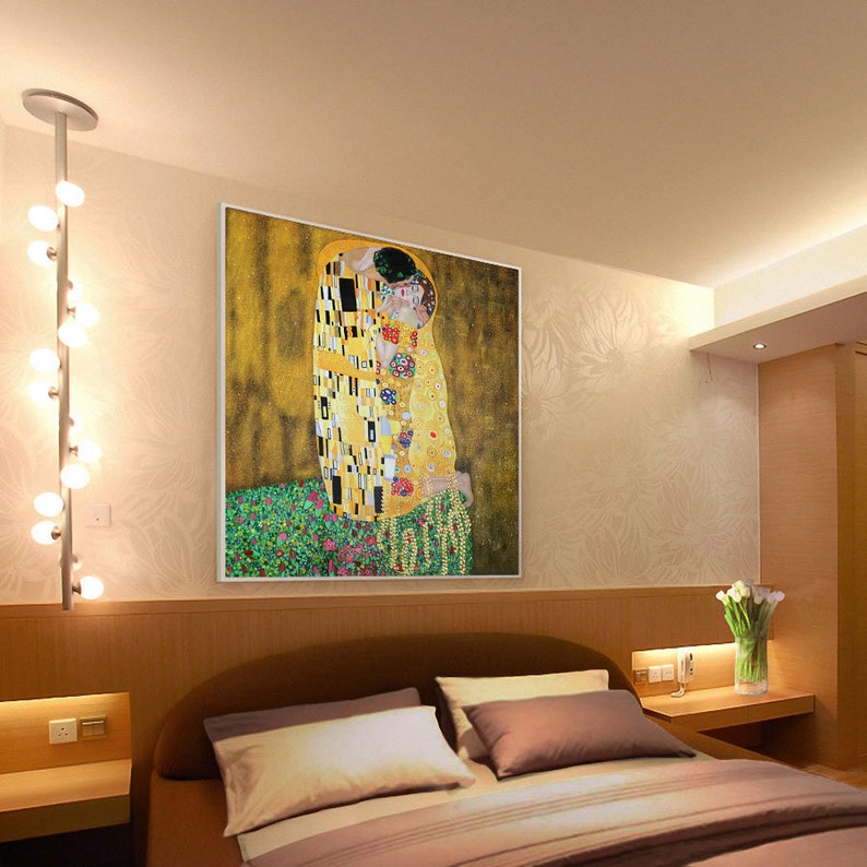 The Kiss Gustav Klimt hand-painted oil painting,Art Nouveau style,couple embracing on flowery meadow,living room large wall art In Stock image 2