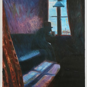 May include: A painting of a dark room with a window and a bed. The window is open and the light from outside is shining in. The bed is covered with a blanket and there is a lamp on the nightstand.