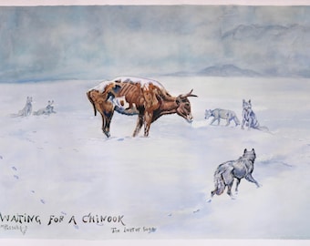 Last of Five Thousand (Waiting for a Chinook) - C.M. Russell hand-painted oil painting reproduction, starving cow with ravenous wolves scene