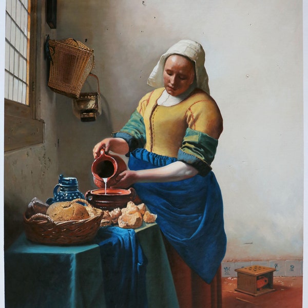 The Milkmaid - Johannes Vermeer hand-painted oil painting reproduction,Kitchen Maid Pours Milk from a Jug by Window Scene,Dinning Room Art