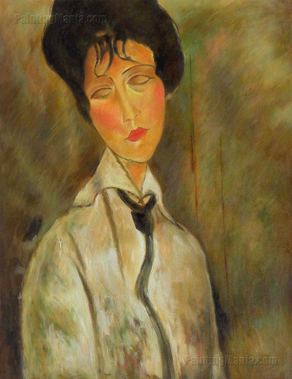 黒のネクタイの女性の肖像画 - アメデオ・モディリアーニ手描き油絵 