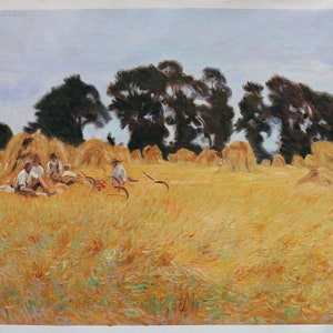 May include: A painting of a field of golden wheat with hay bales and four men sitting in the field. The men are wearing traditional clothing and are resting after a day of work. The sky is a light blue with some clouds. The trees in the background are dark green.