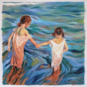 May include: Two girls in white and pink dresses walk hand-in-hand through blue water. The water is painted with swirling brushstrokes, creating a sense of movement.