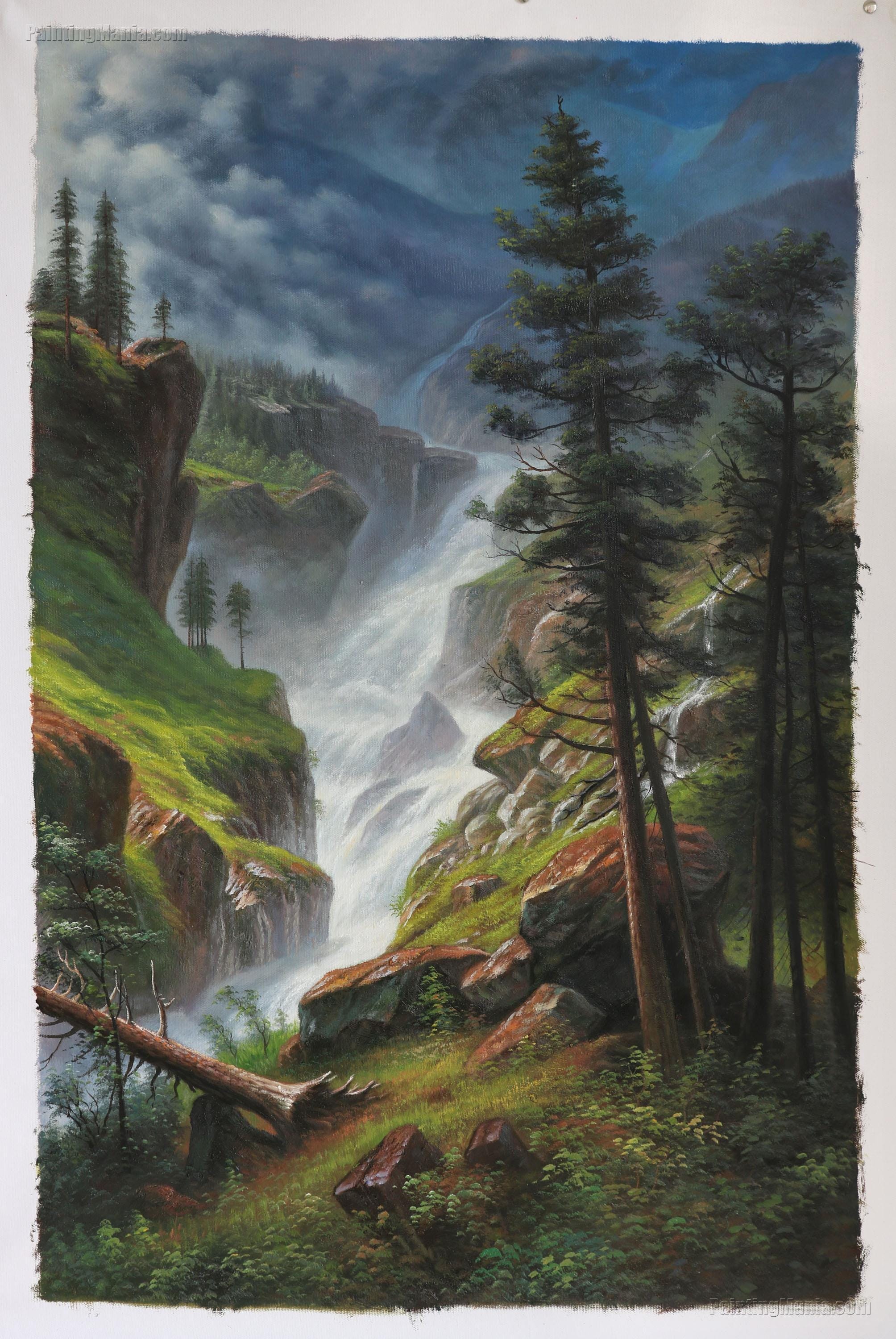 Rocky Mountain Waterfall - Albert Bierstadt Hand-painted Oil