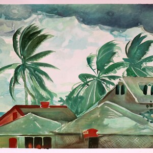 May include: A watercolor painting of a tropical scene with palm trees and houses. The sky is cloudy and the sea is visible in the background. The palm trees are swaying in the wind.