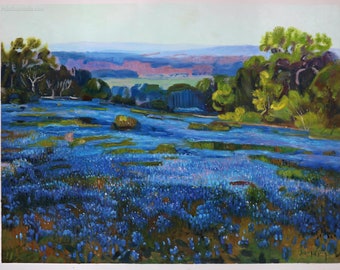 Bluebonnets, Late Afternoon, North of San Antonio - Julian Onderdonk hand-painted oil painting,beautiful Texas flower hill country landscape