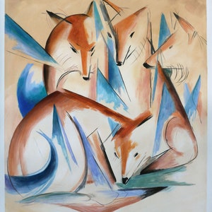 Cuatro zorros - Reproducción de pintura al óleo pintada a mano de Franz Marc, Animal salvaje abstracto, Arte expresionista moderno de sala de estar, Decoración de pared de moda