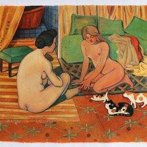 May include: A painting of two nude figures in a room with a green couch, a patterned rug, and several cats. The figures are sitting on the floor, one with their back to the viewer and the other facing the viewer. The room is decorated with a yellow and orange striped curtain and a green stool.