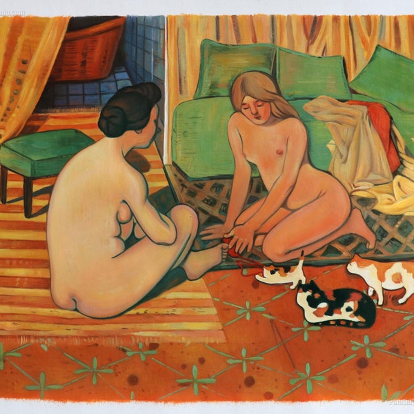 Femmes nues aux chats (Naakte vrouwen met katten) - Felix Vallotton handgeschilderde olieverf reproductie, interieur conversatie scène kunstwerk