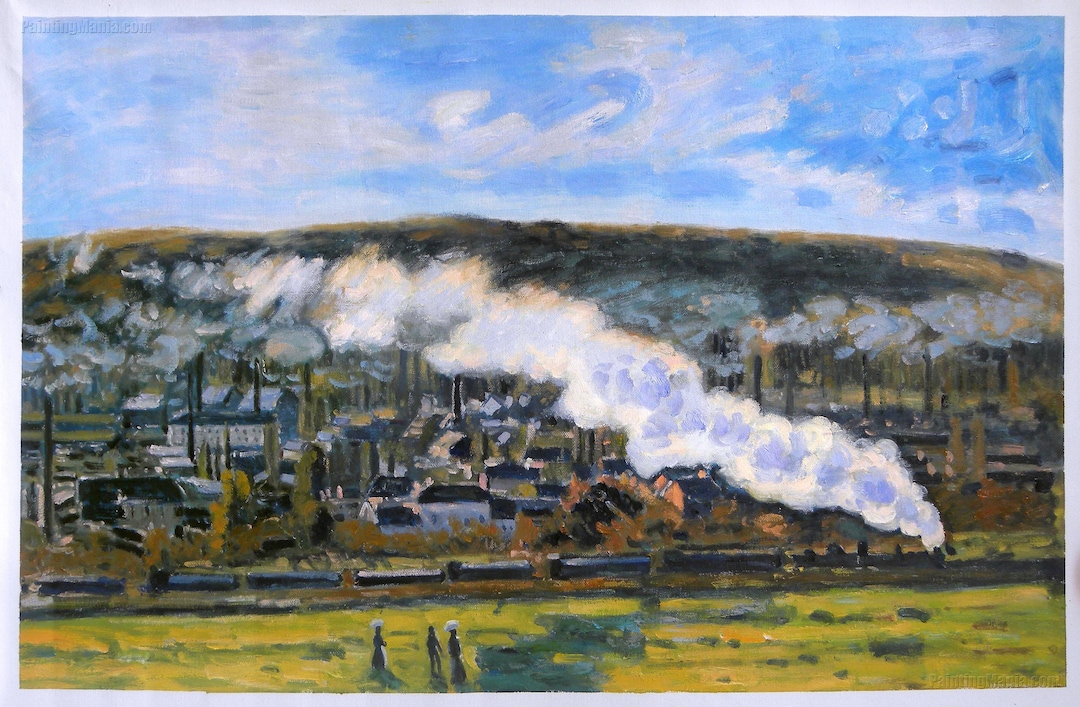 貨物列車 - クロード・モネの手描き油絵複製、風景の中の町を通る蒸気