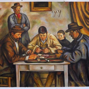 Los jugadores de cartas (Barnes)-Paul Cezanne pintado a mano la reproducción de pintura al óleo, campesinos provenzales inmersos en fumar sus pipas y jugar