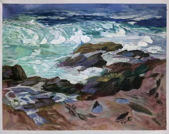 Wild Surf, Ogunquit, Maine - Edward Potthast hand-painted oil painting reproduction, Waves and Foam on Rocky Beach, office art decorations