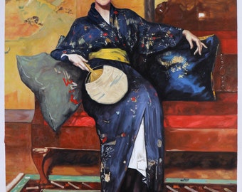 El kimono azul (Chica en kimono azul) - William Merritt Chase reproducción de pintura al óleo pintada a mano, Mujer sentada en retrato de vestido japonés