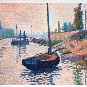 El pontón de la Felicidad, Asnières (Opus n° 143) - Cuadro al óleo pintado a mano por Paul Signac, un conocido barco de vapor para viajes de placer por el Sena