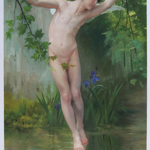 Amor Fliegen über Wasser - William Bouguereau handgemalte Ölgemälde Reproduktion,junger geflügelter gott schwebt über einem nebligen Teich Kunstwerk