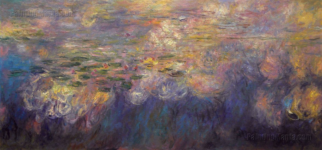 睡蓮の池に映る雲（中央パネル） - クロード・モネの手描き油絵複製