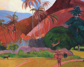 タヒチの山々 - ポール・ゴーギャンの手描きの油絵、草原の風景、贅沢