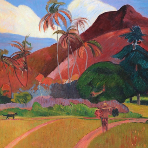 タヒチの山々 - ポール・ゴーギャンの手描きの油絵、草原の風景、贅沢