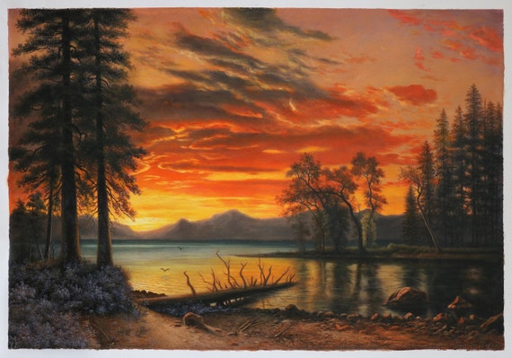 Sunset Over the River - Albert Bierstadt Hand-painted Oil Painting