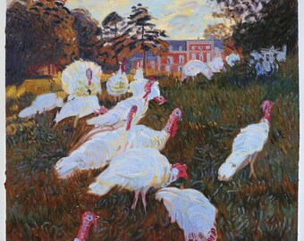 白い七面鳥 - クロード・モネの手描きの油絵のレプリカ、穏やかで緑