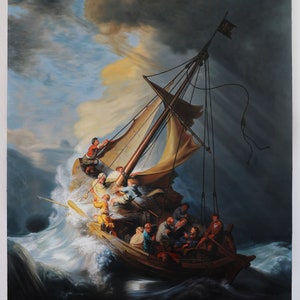 La tormenta en el mar de Galilea Rembrandt van Rijn pintura al óleo pintada a mano reproducción, Jesús calmando las olas del mar, salvando vidas de hombres imagen 1