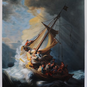 The Storm on the Sea of Galilee - Rembrandt van Rijn hand-painted oil painting reproduction, Jesus calming waves of sea, saving men&#39;s lives