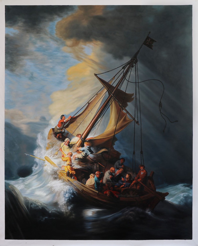 La tormenta en el mar de Galilea Rembrandt van Rijn pintura al óleo pintada a mano reproducción, Jesús calmando las olas del mar, salvando vidas de hombres imagen 1