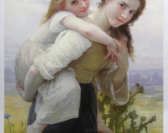 油彩画 子供と女性の風景 楽しい重荷 - ウィリアム・ブグローの手描きの油絵、フランスの田舎で