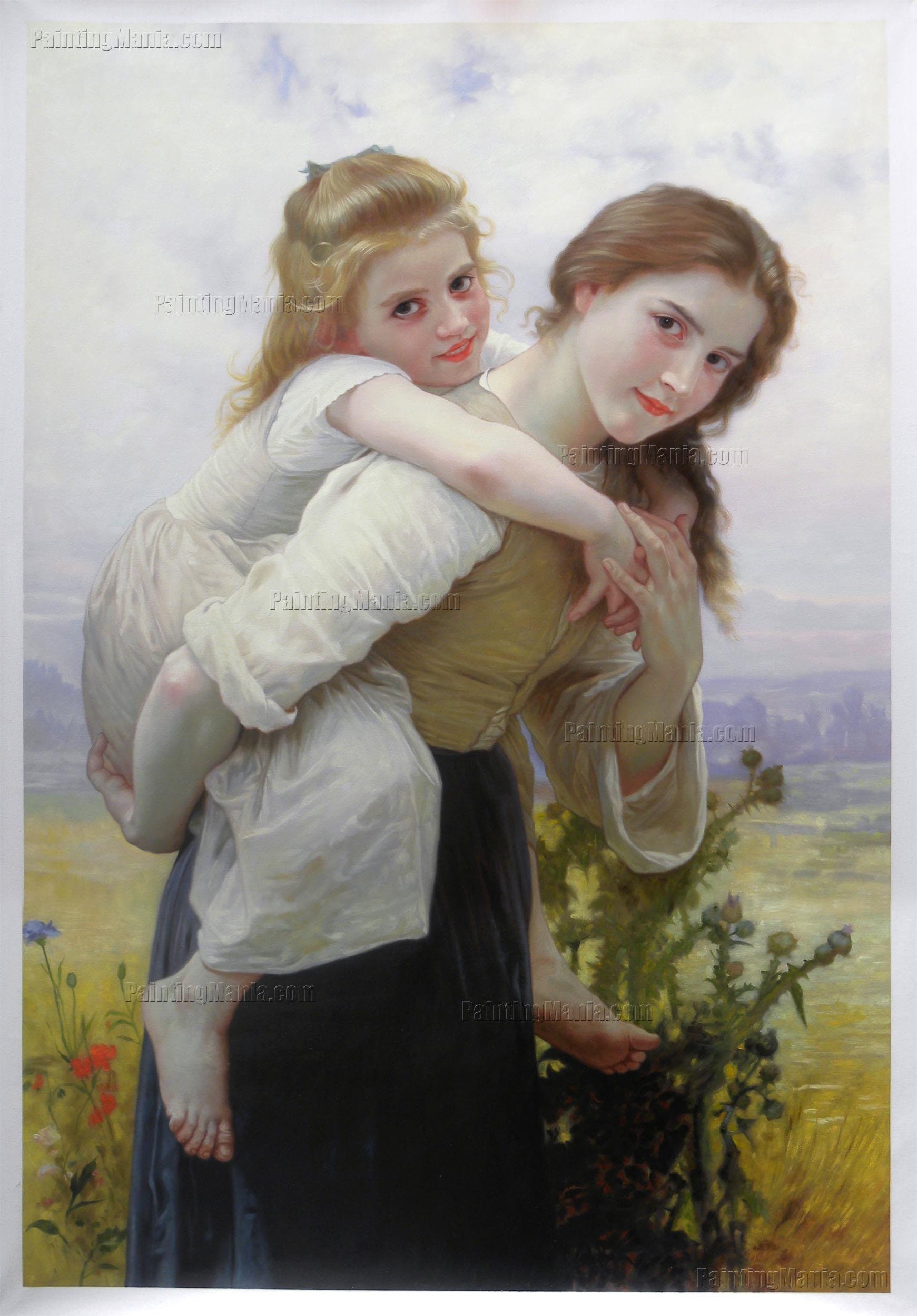 楽しい重荷 - ウィリアム・ブグローの手描きの油絵、フランスの田舎で