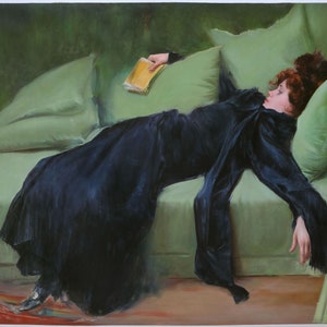 Decadent Young Woman. After the Dance - Ramon Casas hand-painted oil painting reproduction, Well-dressed girl lying on green luxuriant sofa