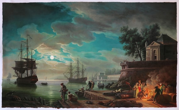 絵画　港　船　海 Seaport by Moonlight - Claude Joseph Vernet Hand-painted Oil