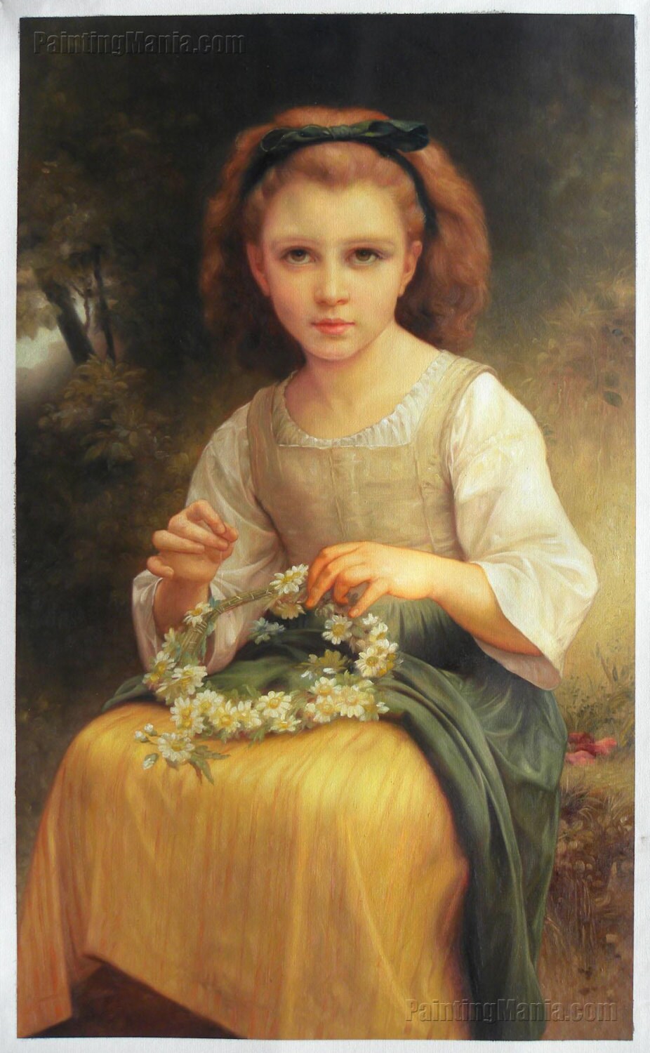 王冠を編む子供 - ウィリアム・ブグロー手描き油絵複製、花冠を 王冠を編む子供 - ウィリアム・ブグロー手描き油絵複製、花冠を